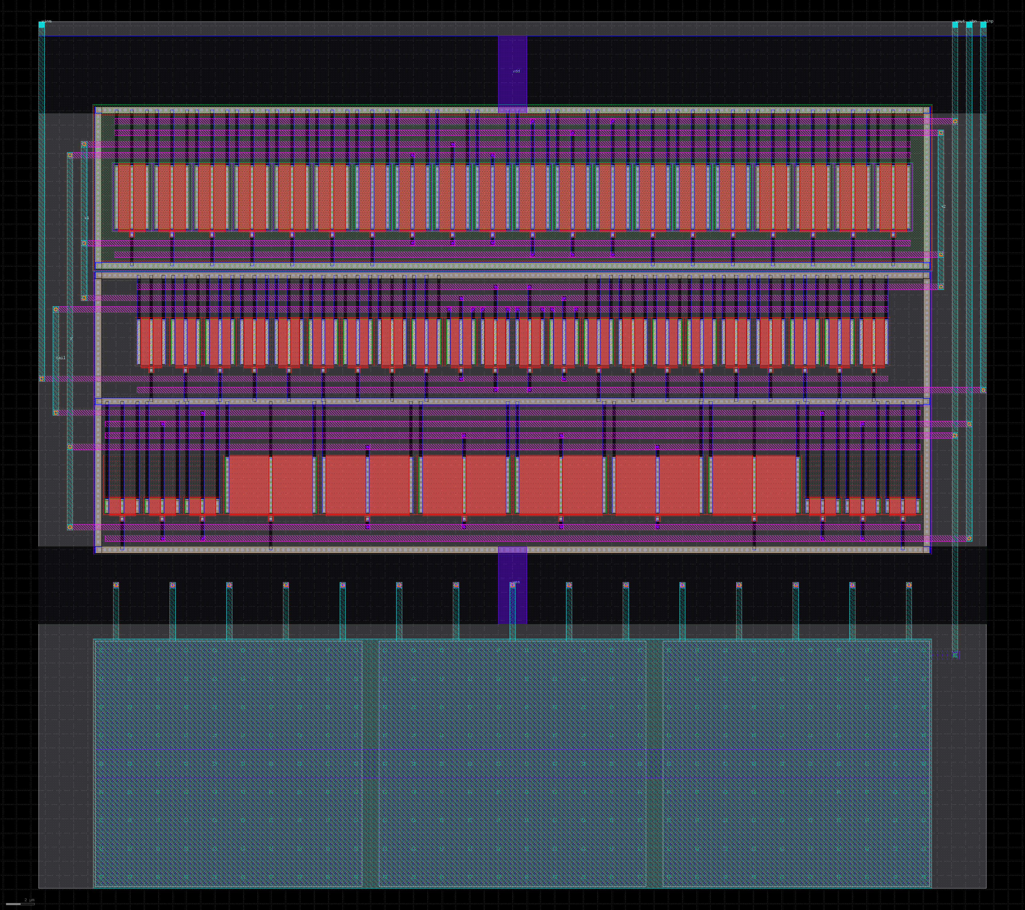 KLayout rendering of the final symmetrical OTA layout on SKY130: PMOS row at the top, input-pair row in the middle, the tail and output mirrors in the bottom row, 5 µm VDD and VSS rails, and three MIM capacitor units at the bottom